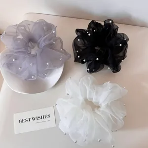 Sweet Lace Artificial Pearl Ruffle Skirt Edge Hair Scrunchie Niche Design Mesh Bow Hair Tie Elegant Versatile Headwear For Women Girls