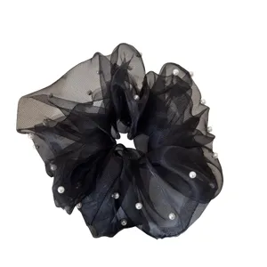 Elegant black mesh hair scrunchie with white pearl embellishments for hair styling