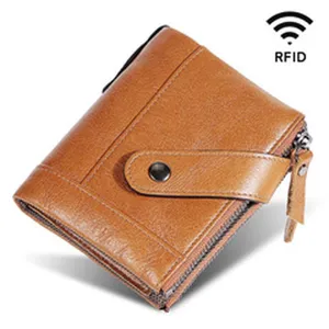 Portafoglio vintage da uomo in pelle cerata con protezione RFID e doppia cerniera.