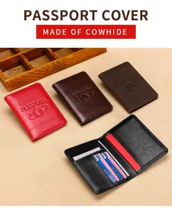 Premium cowhide leather passport covers in various colors featuring multiple interior card slots