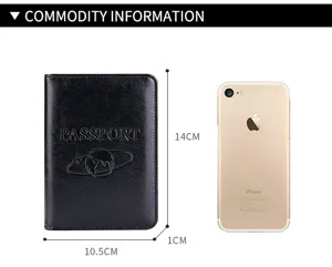 Detailed dimensions of black leather RFID passport holder compared to a smartphone.