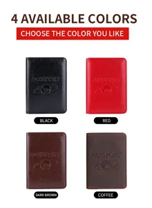 Set of four RFID travel passport holders in Black, Red, Dark Brown, and Coffee leather.