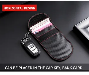 Detail view of carbon fiber RFID signal blocking pouch holding an Audi car key and cards
