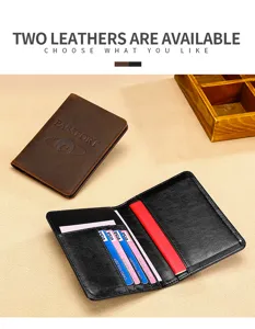 Detail view of RFID leather passport holder showing two colors and internal card slots.