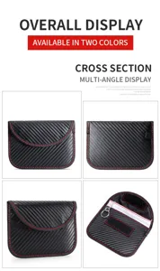 Detailed views of RFID blocking car key pouch with carbon fiber texture