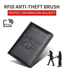 Detail of black leather RFID passport holder with embossed logo and anti-theft graphic