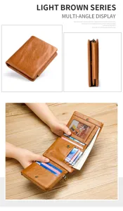 Cartera de hombre vintage de cuero encerado con múltiples ranuras internas.