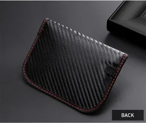 Detail showing the back of carbon fiber car key signal blocker pouch with red stitching