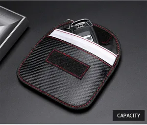 Carbon fiber RFID signal shielding car key pouch with stylish red stitching detail