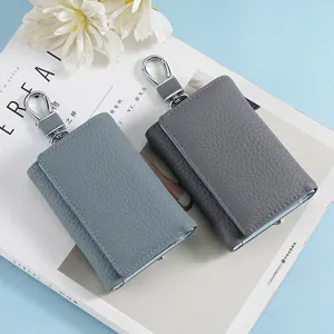Genuine leather folding key case and wallet with carabiner hook for men and women