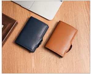 Minimalist leather metal pop-up card holder wallet with RFID blocking function for men.