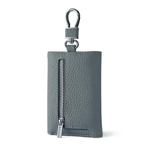 Grey genuine leather key pouch wallet with metal belt clip and zipper closure for daily use