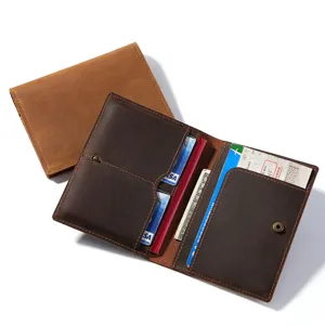 Vintage crazy horse leather passport holder with multi-card slots and secure snap closure