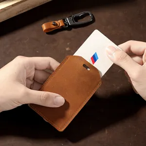 Handmade crazy horse leather card holder sleeve with keychain and metal clip hook