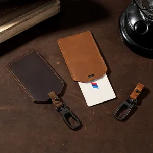 Premium handmade vintage Crazy Horse leather card holder sleeve with metal keychain clip