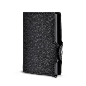Men's leather RFID blocking aluminum pop up wallet minimalist card holder case sleek design.