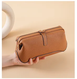 Lange Echtleder Kosmetiktasche, Litchi-Muster Make-up Tasche, Kuss-Verschluss Kulturtasche.
