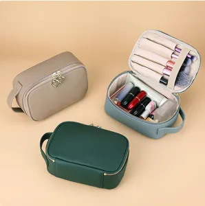 Professional lychee grain leather cosmetic bags in multiple colors showing interior compartments