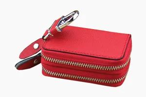 Portachiavi per auto in pelle rossa con doppia cerniera e clip in metallo lucido
