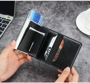 Detailed shot of an open RFID blocking aluminum card holder with multiple card slots