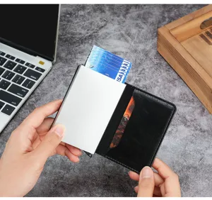 Silver aluminum RFID blocking card holder with automatic pop-up leather wallet