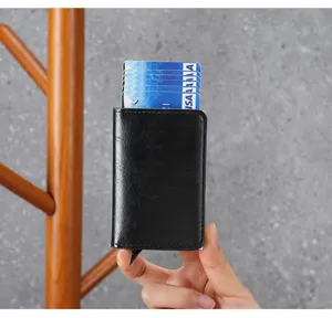 Detailed view of black RFID blocking card holder showing automatic pop-up function