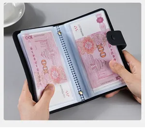 Detail view of the open banknote collection album with transparent plastic sleeves