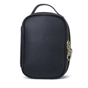 Black lychee grain top-layer cowhide leather cosmetic bag for travel and skincare storage