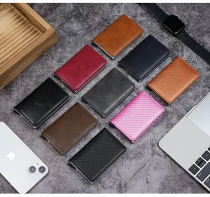Detailed collection of RFID blocking card holders with various leather and carbon fiber textures