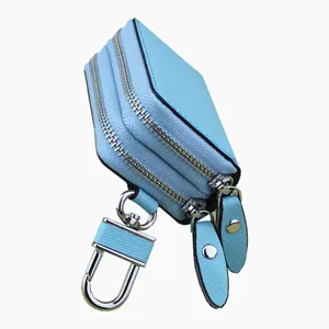 Custodia per chiavi auto in pelle Saffiano blu con doppia cerniera e clip