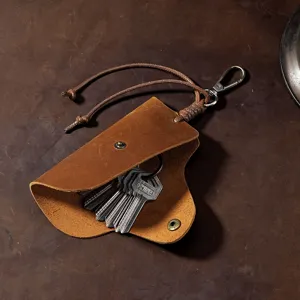 Retro crazy horse leather car key pouch with vintage metal clasp and snap button organizer