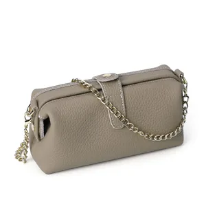 Elegant grey genuine leather toiletry bag with detachable gold chain shoulder strap