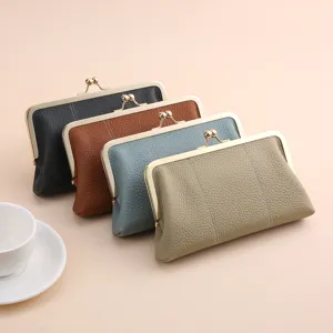 Women Genuine Leather Kiss Lock Clutch Wallet Gold Alloy Frame Lychee Grain Long Handheld Evening Bag Retro Purse