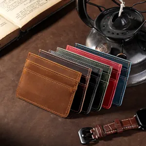 Vintage Crazy Horse Leather Mini Slim Card Holder For Men Women Genuine Cowhide Credit Card ID Case Ultra Thin Minimalist Card Wallet