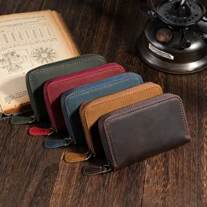 Vintage Crazy Horse Genuine Leather Key Wallet For Men Women Retro Top Grain Cowhide Zipper Key Case Holder Daily Home Key Organizer