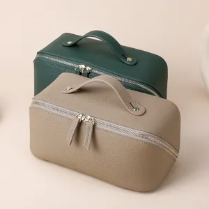 Damen Echtleder Kosmetiktasche Top-Grain-Rindsleder Kulturbeutel Doppelreißverschluss Litschikorn Große Kapazität Tragbarer Make-up Organizer