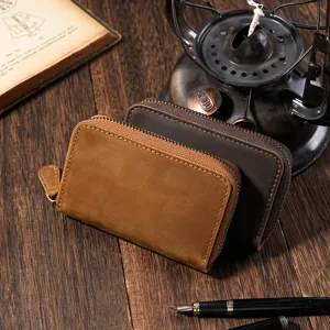 Vintage crazy horse leather key pouch with zipper, retro style genuine leather wallet