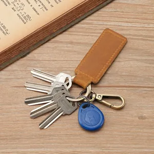 Handmade vintage crazy horse leather keychain with rustic metal carabiner and key ring