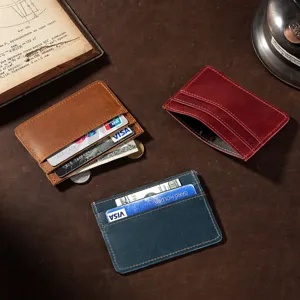 Genuine crazy horse leather slim card holder minimalist credit card wallet vintage coin purse