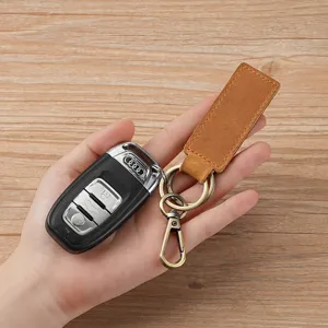 Handmade vintage brown crazy horse leather car keychain with durable brass ring and clip