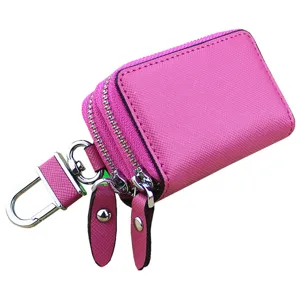Custodia per chiavi auto in pelle rosa con doppia cerniera e clip metallica robusta