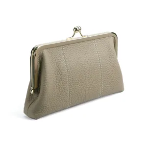 Premium pebbled leather clutch wallet with elegant gold-tone kiss-lock metal frame