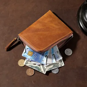 Vintage braunes Crazy Horse Leder Münzbörse mit Reißverschluss für Karten und Bargeld