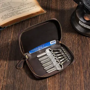 Retro brown crazy horse leather key case with zipper closure and interior multi-key holder