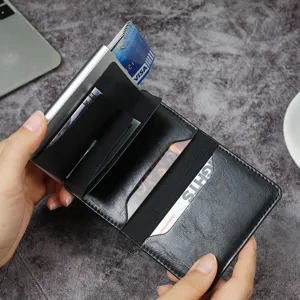 RFID-blocking automatic pop-up aluminum card holder with multi-slot leather cover