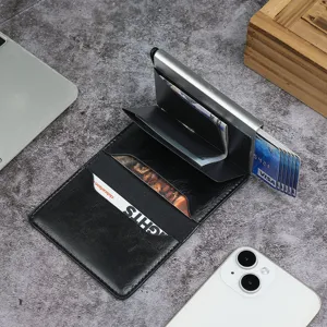 Slim RFID blocking aluminum card holder with automatic pop-up mechanism and leather sleeve