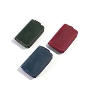Retro Crazy Horse leather key pouch in three vintage colors with sturdy zipper closure