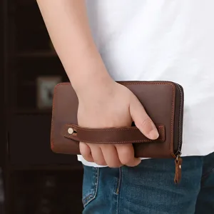 Vintage braune echtlederne lange Clutch-Geldbörse für Herren mit stabiler Handschlaufe