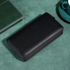 Portefeuille long noir pour homme en cuir de haute qualité avec fermeture éclair et fentes.