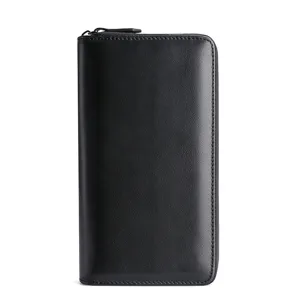 Portefeuille long en cuir noir pour hommes avec fermeture éclair sécurisée, style professionnel.